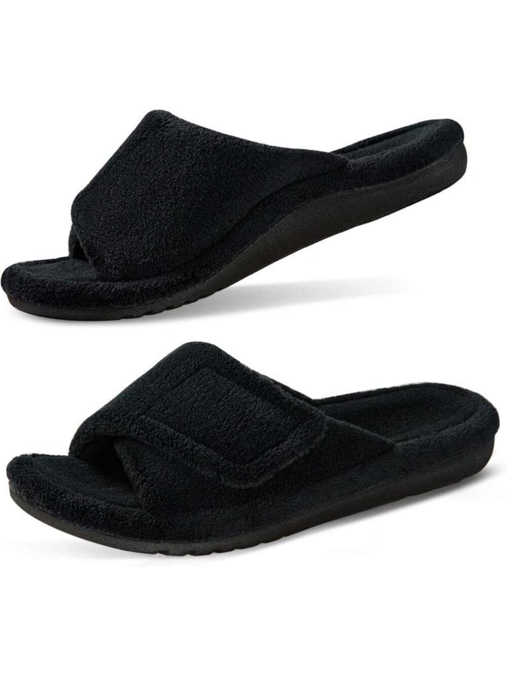 Women's Black Adjustable Open Toe Orthopedic Arch Support Fuzzy Slippers Slide